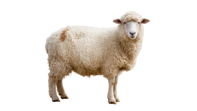 Fluffy white sheep with curly wool and a distinctive brown patch on its back, standing gracefully, isolated PNG on transparent background, farm animal livestock