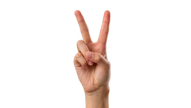Human hand showing two fingers up, making a peace or victory sign, isolated on transparent background, symbol of success and agreement PNG