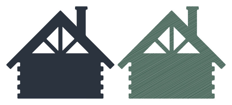 Two rustic cabin silhouettes, one dark blue and one green, side by side on a white background.
