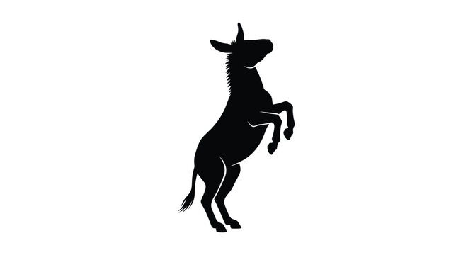 A rearing donkey depicted in a striking black silhouette