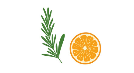 Flat Vector Illustration of Fresh Rosemary Sprig and Orange Slice Isolated on White. High-quality graphic for food, drinks, and wellness design.