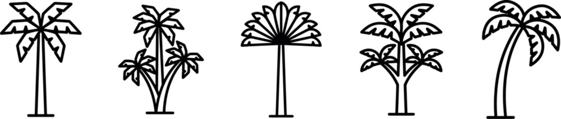 palm tree icon set, vector outline tropical trees for beach summer travel and island themes isolated on transparent background © Kateryna