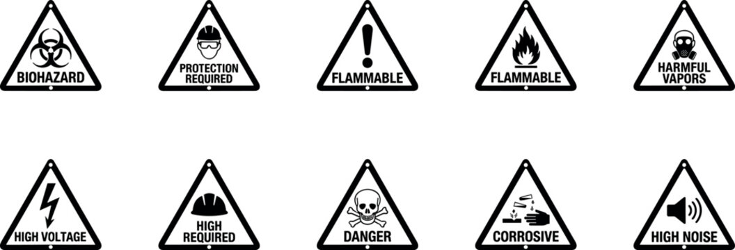 hazard warning signs icon set, vector triangle safety symbols including biohazard flammable high voltage corrosive and danger isolated on transparent background
