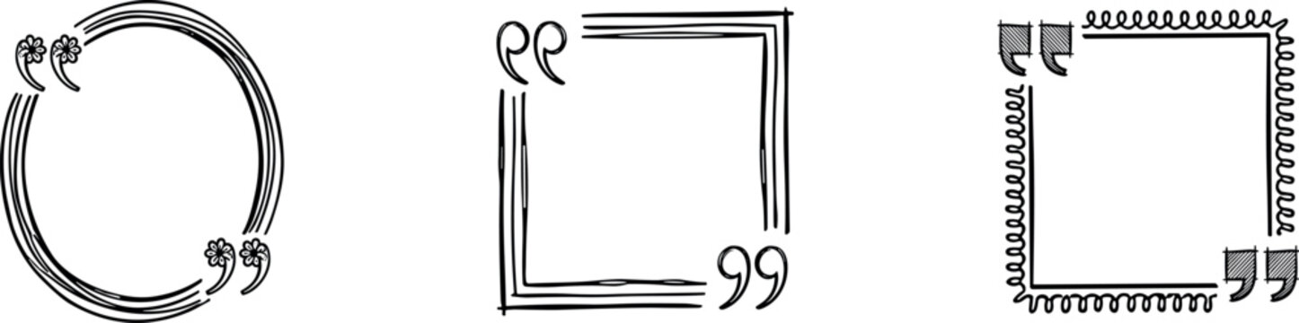hand drawn quote frames set, vector decorative borders with quotation marks in circle and square shapes for text isolated on transparent background