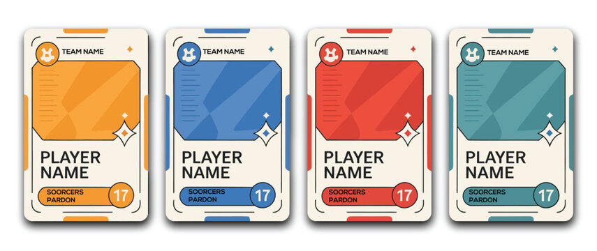 Sports card template set illustration, trading frames for football basketball and hockey players on black background collectible game design.