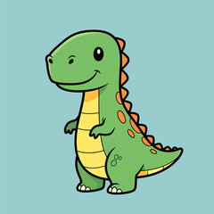 Obraz premium Cute cartoon dinosaur illustration with vibrant green scales and orange spots on a sky blue background, perfect for children's designs and educational materials