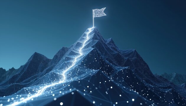 Wireframe mountain peak with glowing path leading to flag. Digital abstract concept of reaching goals, success, and destination. Represents motivation, ambition, and a challenging journey.