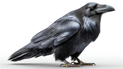 Fototapeta premium Raven bird black feather side view animal wildlife beak intelligent isolated nature. Majestic raven with glossy black feathers and sharp beak side