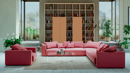 Naklejka premium Large luxury modern bright interiors Living room mockup illustration 3D rendering Generated Color Image