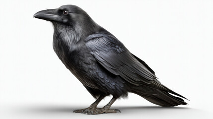 Fototapeta premium Black raven bird, side view, perched on white background, glossy feathers, intelligent expression, detailed plumage, natural wildlife