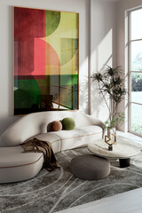 Naklejka premium Large luxury modern bright interiors Living room mockup illustration 3D rendering Generated Color Image