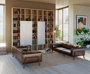 Naklejka premium Large luxury modern bright interiors Living room mockup illustration 3D rendering Generated Color Image