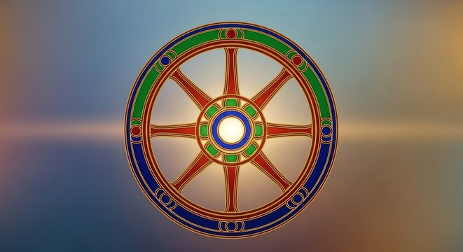 Buddhist wheel of dharma, colorful dharmachakra symbol