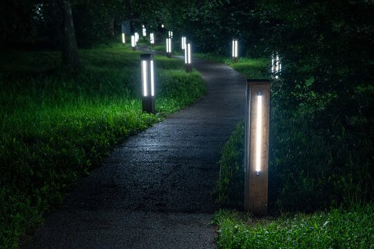 Winding asphalt path illuminated by sleek modern LED bollard lights through dark, lush green park at night, offering serene and safe nocturnal walk.