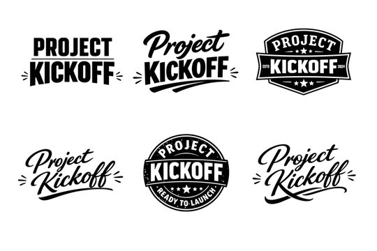 Project kickoff logos collection in black and white with various typography styles