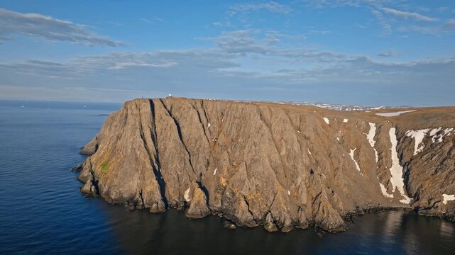 Aerial panorama of the North Cape plateau and surrounding Arctic coastline in Norway. Sheer cliffs plunge vertically into the Barents Sea.