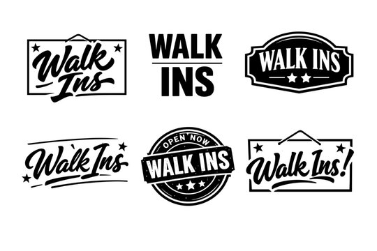 Collection of vintage style walk ins signs and logos in black and white