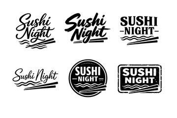 Fototapeta premium Set of vintage black and white sushi night logos with chopsticks