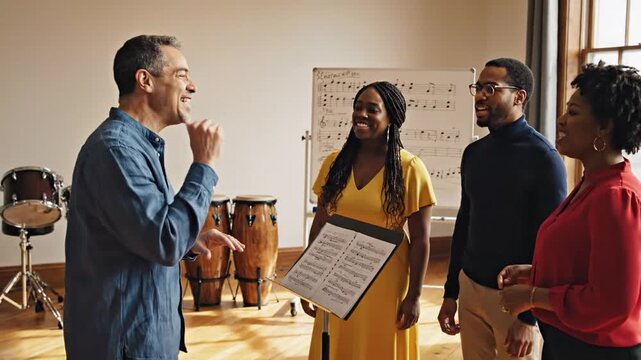 Vocal coach guides diverse singers in music rehearsal with sheet music in bright studio
