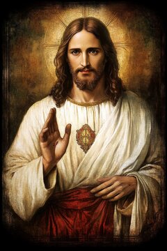 Jesus Christ in a classic religious portrayal with a raised hand and a clear expression of faith