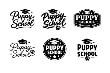 Fototapeta premium Puppy school logos with graduation cap and paw designs
