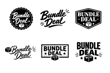 Fototapeta premium Collection of six black and white bundle deal logos with package icon