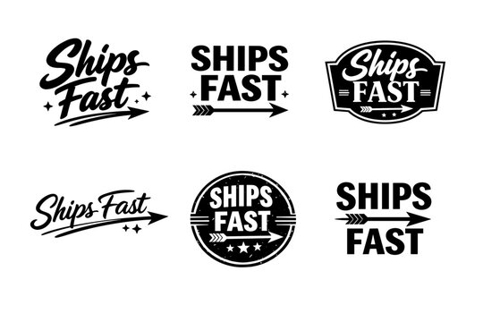 Variety of black and white 'ships fast' designs with arrows and stars