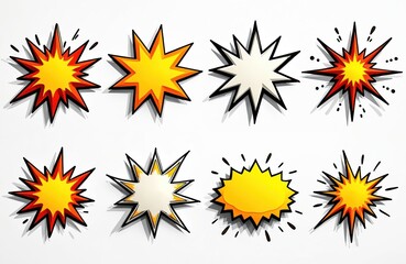 Obraz premium Collection of comic style explosion speech bubbles with bright colors and sharp edges. These graphic elements are perfect for design projects, pop art, and dynamic announcements.