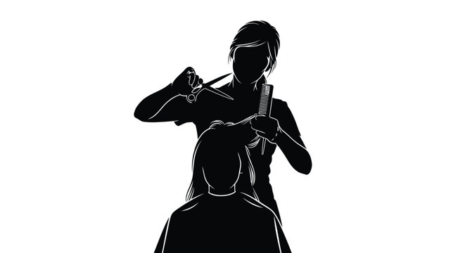 Black silhouette of barber cutting hair