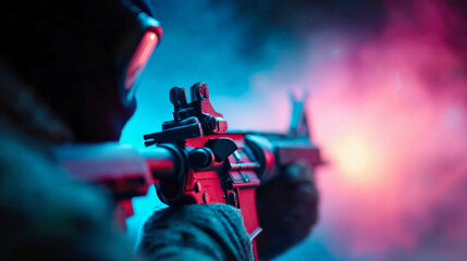 Naklejka premium Dramatic silhouette of an armed soldier aiming a rifle in a dark, moody scene representing military security and conflict themes