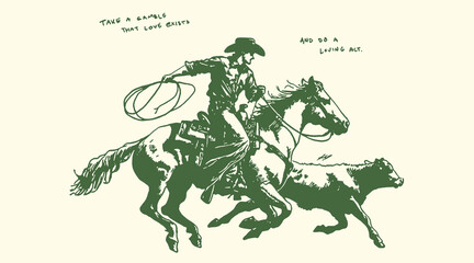 Vintage style vector illustration of a determined cowboy on horseback expertly roping a running calf with a lasso © bbilfunk