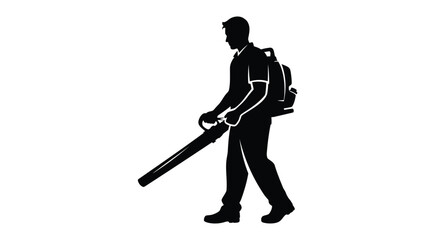 Naklejka premium Black silhouette of a man using a leaf blower vector