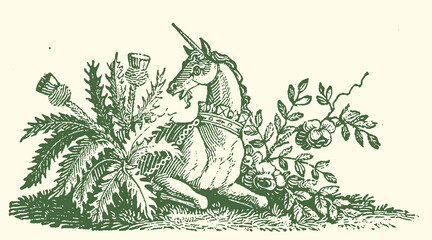 Obraz premium Vintage green vector illustration features a majestic crowned unicorn surrounded by Scottish thistles and elegant English roses, creating a classic heraldic design element.