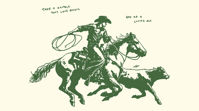 Vintage style vector illustration of a determined cowboy on horseback expertly roping a running calf with a lasso
