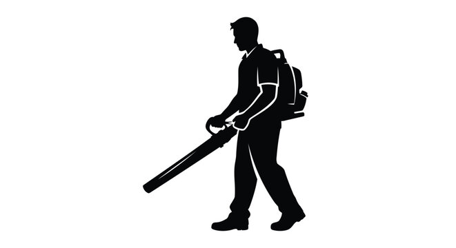 Black silhouette of a man using a leaf blower vector