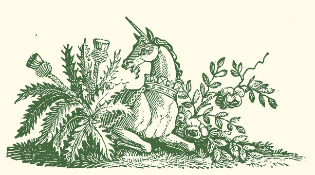 Vintage green vector illustration features a majestic crowned unicorn surrounded by Scottish thistles and elegant English roses, creating a classic heraldic design element.