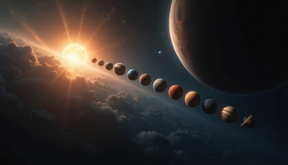 Fototapeta premium Sun shines brightly illuminating aligned planets in vast cosmos. Celestial bodies orbit star with solar flares in deep space. Cosmic view shows planets in order from Sun. Nebula clouds drift.
