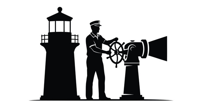 Vector illustration of lighthouse keeper operating searchlight