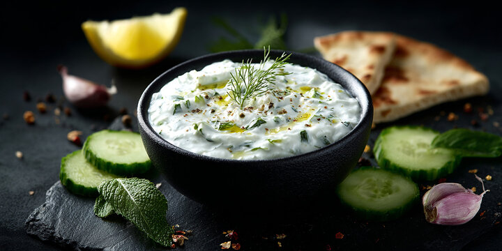 Refreshing Greek sauce or paste called Tzatziki on dark background
