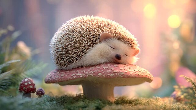 Sleepy hedgehog resting on a mushroom in forest