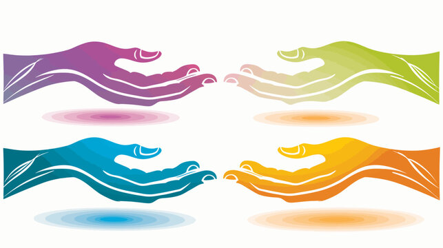 Four stylized hands reaching towards each other in vibrant colors, with gradient oval shadows