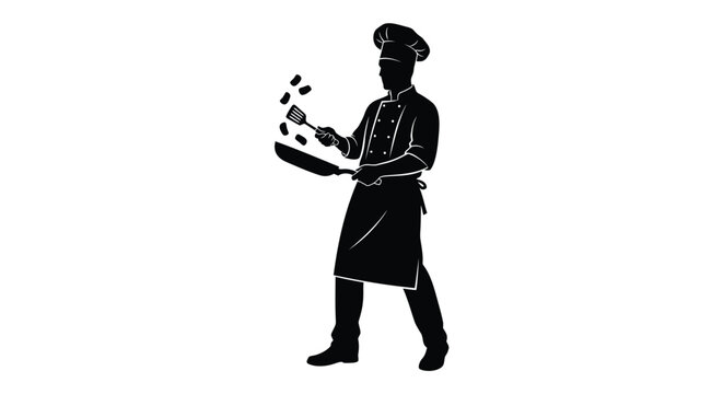 Black silhouette of a chef tossing salad