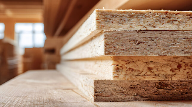 Close-up of stacked CLT timber boards in workshop, showcasing sustainable wood construction materials