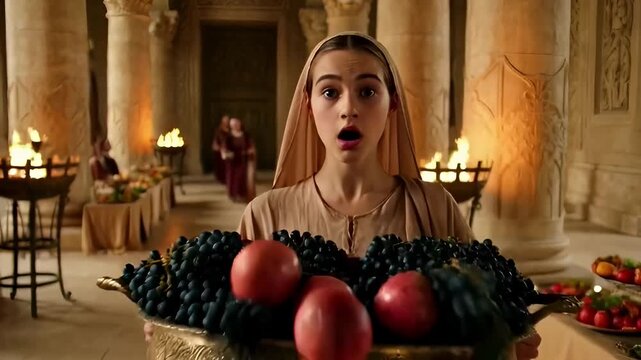Young female servant in ancient hall dropping fruit from a golden tray during a feast for unexpected mishap concept in slow motion
