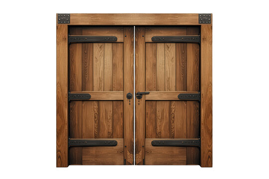 Double wooden medieval gate with ornate iron hinges and rustic door pull, providing a vintage entrance concept, transparent background