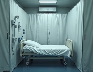 Fototapeta premium Empty hospital isolation ward bed ready for patient. Room has curtains, medical equipment, air conditioning unit, sterile environment for pandemic care. Facility prepared for sickness.