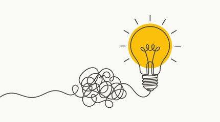 From complexity to clarity A continuous line evolving from a jumble into an illuminated light bulb, symbolizing inspiration and solution © Rishi
