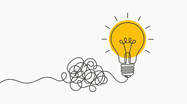From complexity to clarity A continuous line evolving from a jumble into an illuminated light bulb, symbolizing inspiration and solution