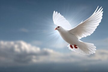 Fototapeta premium White dove flying in blue sky with sunlight, wings spread, symbol of peace, freedom, hope, purity, and spirituality