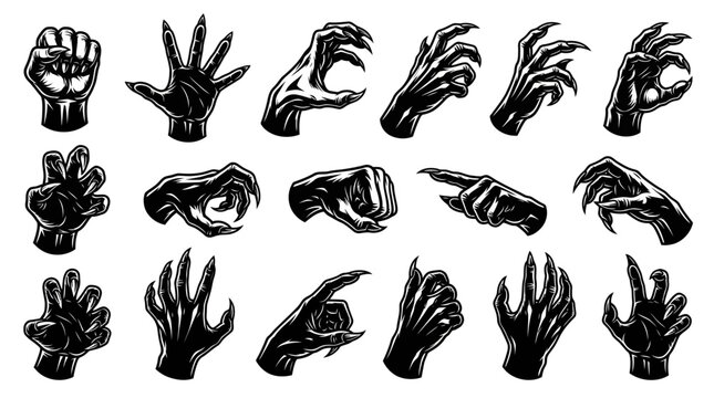 Collection of illustrative hand gestures, including fists, claws, and pointing fingers